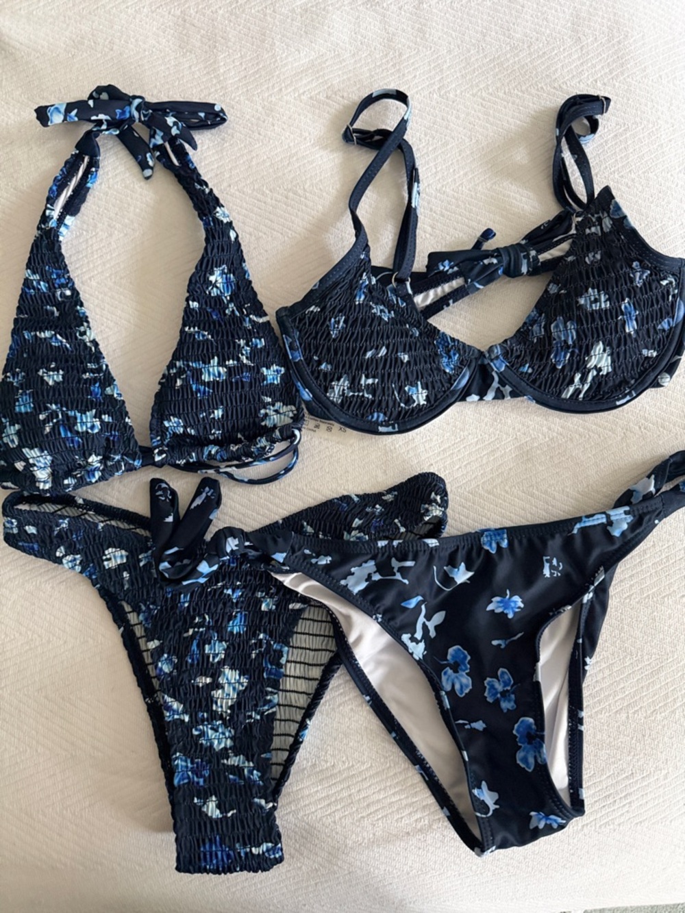 SHEIN Navy Floral Smocked Bikini Set - Blue & White Accents